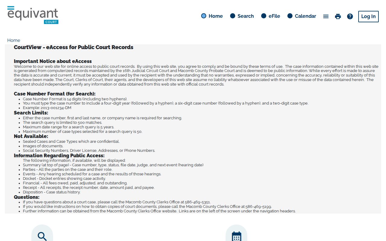 Warren residents directory view of the Macomb CourtView public case access page