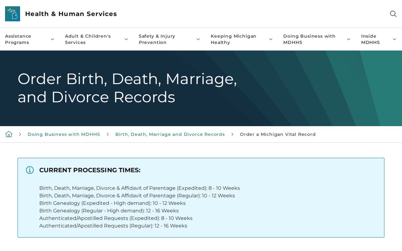 Warren residents directory view of Michigan vital-record ordering options