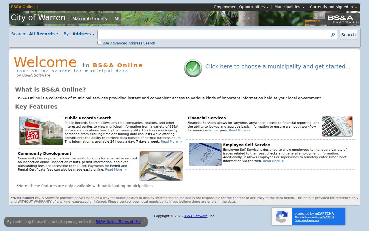 Warren residents directory view of the BS&A property and records search controls