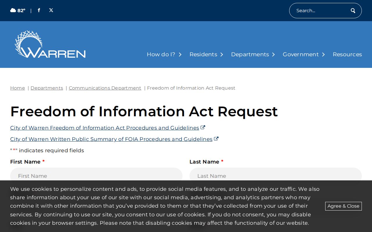 Warren neighbors city FOIA request form and access route