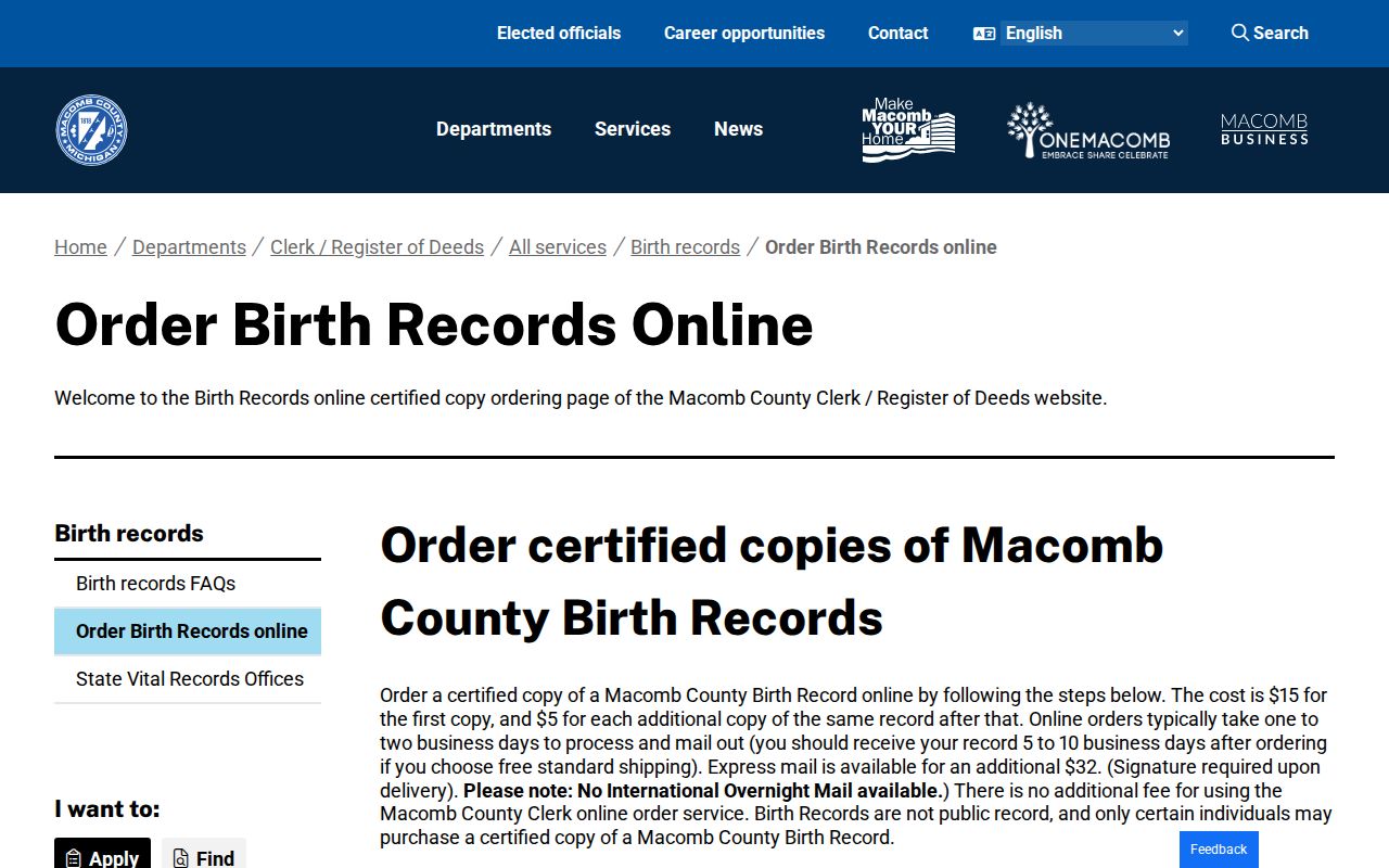 Warren resident lookup Macomb County birth record order fields