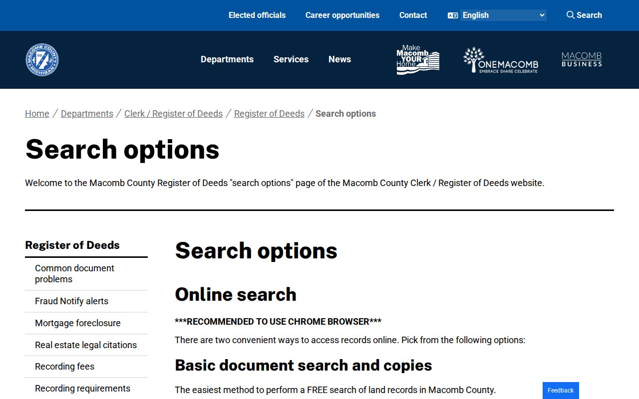Warren street directory Macomb Register of Deeds search options