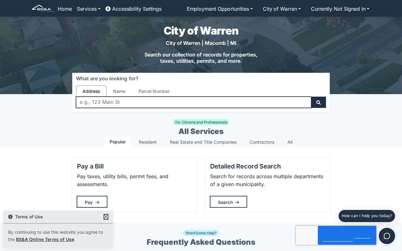 Warren street directory BS&A service categories